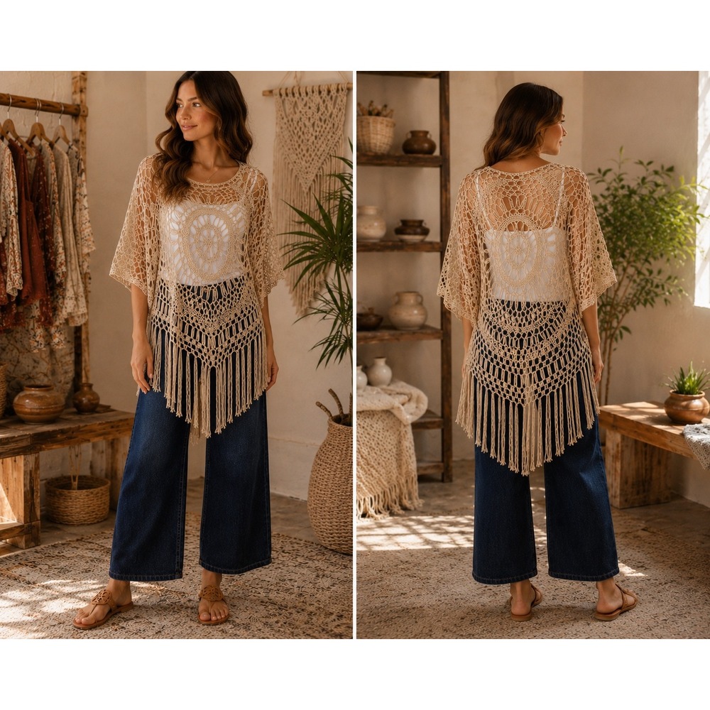 *POL Boho Cottage Festival Chic Crochet Fringe Tan Open Knit Top-Cover Up Large